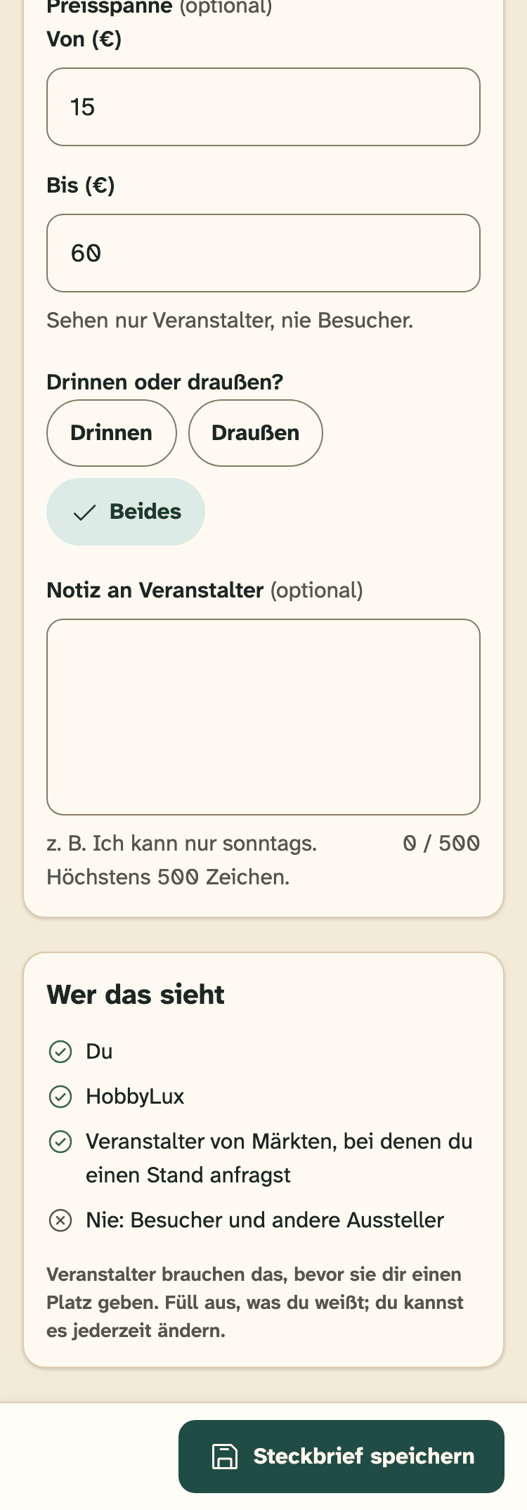 Screenshot von HobbyLux für Aussteller auf einem Handy: Aussteller-Steckbrief: was Veranstalter wissen müssen.