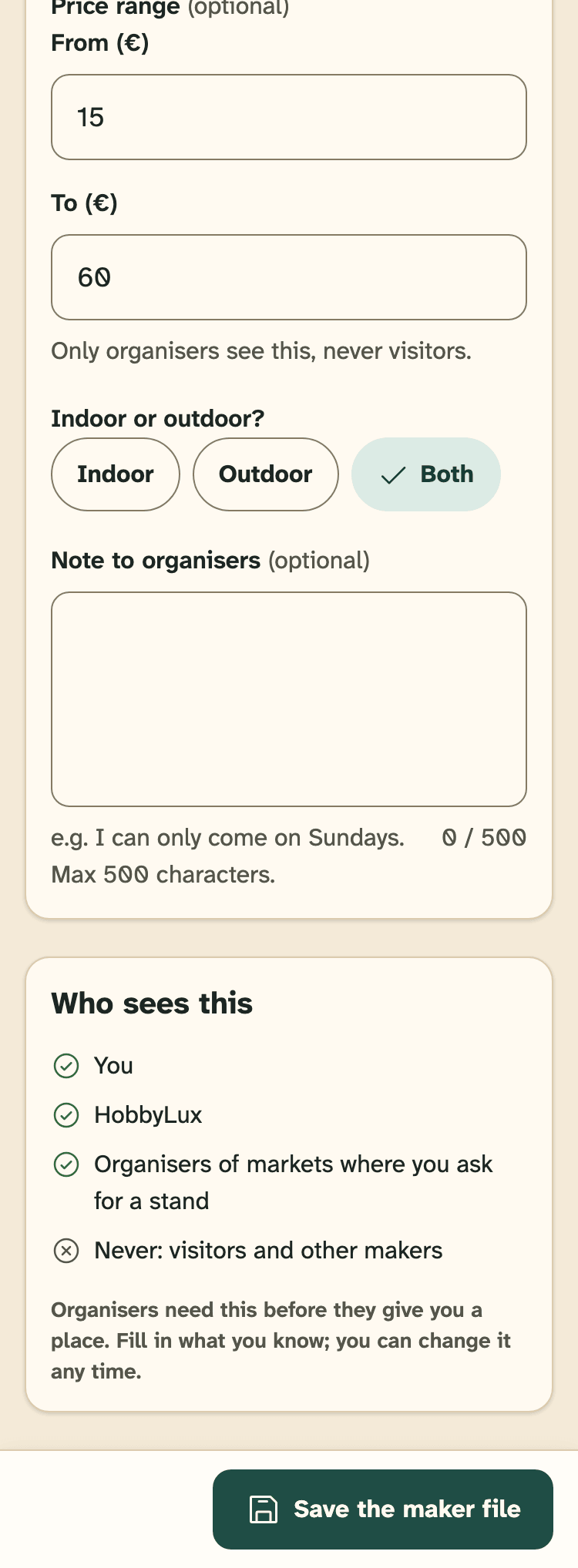 Screenshot of HobbyLux for makers on a phone: Maker file: what organisers need to know.