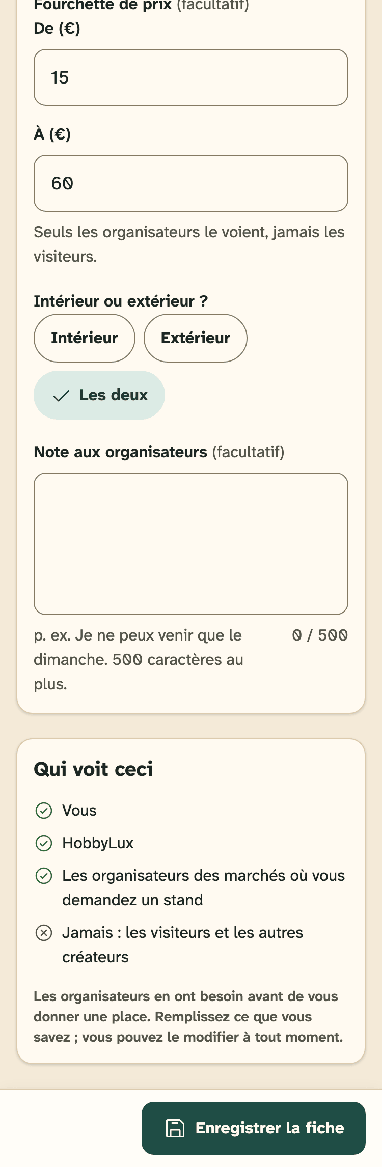 Capture d’écran de HobbyLux pour les créateurs sur un téléphone : Fiche créateur : ce que les organisateurs doivent savoir.