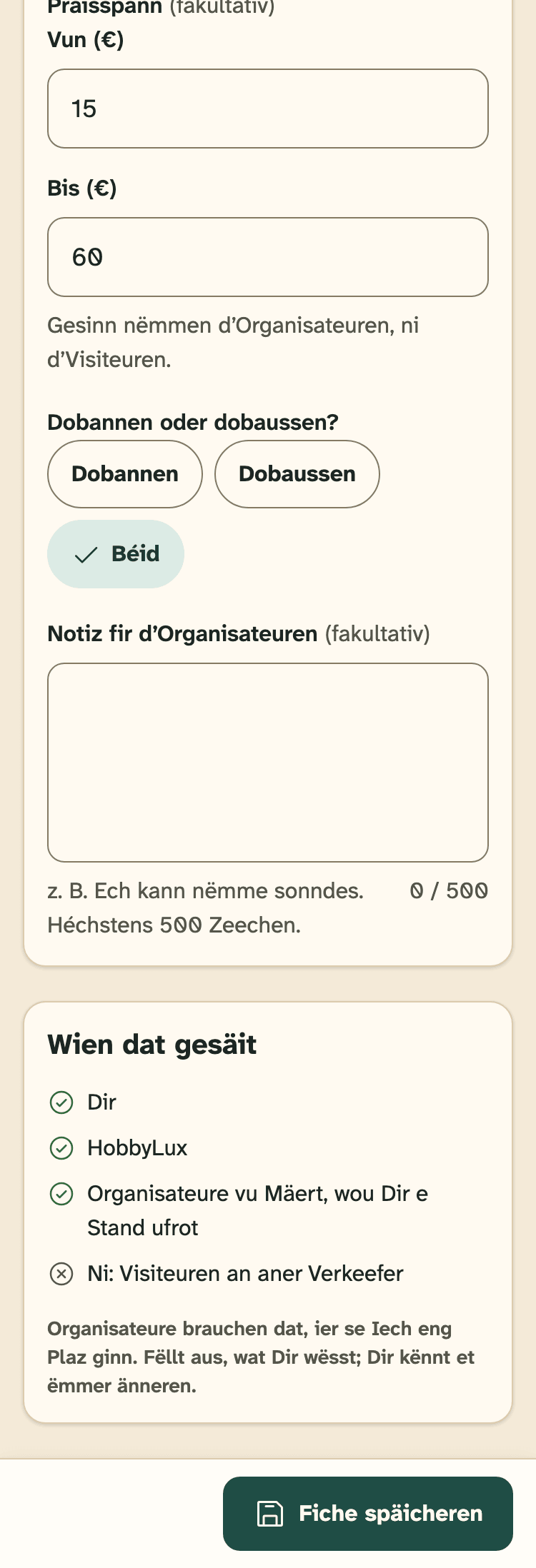 Screenshot vun HobbyLux fir Verkeefer op engem Handy: Verkeeferfiche: wat d’Organisateure wësse mussen.