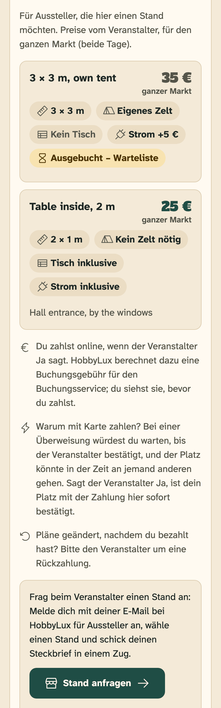 Screenshot von hobbylux.app auf einem Handy: Eine Marktseite auf hobbylux.app mit der Karte „Stände & Preise“.