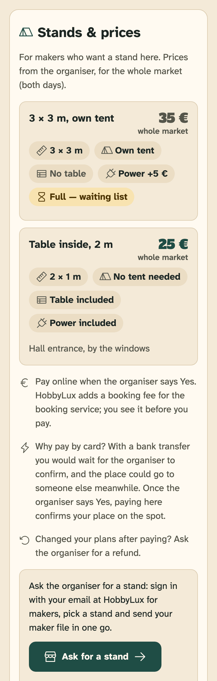 Screenshot of hobbylux.app on a phone: A market page on hobbylux.app with the card “Stands & prices”.