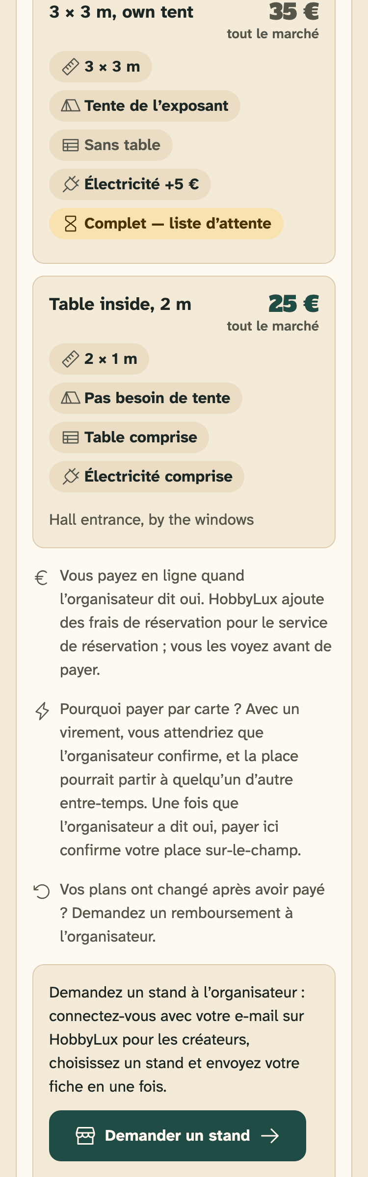 Capture d’écran de hobbylux.app sur un téléphone : La page d’un marché sur hobbylux.app avec la carte « Stands & prix ».