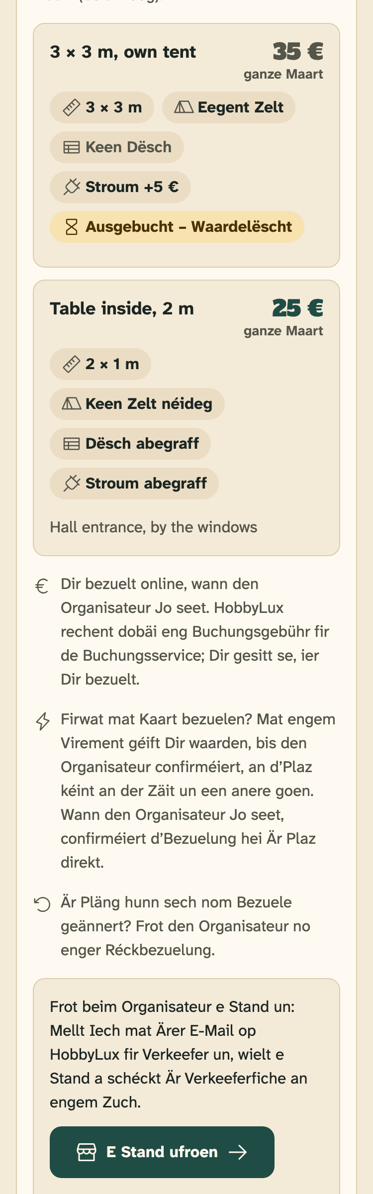 Screenshot vun hobbylux.app op engem Handy: D’Säit vun engem Maart op hobbylux.app mat der Kaart „Stänn & Präisser“.