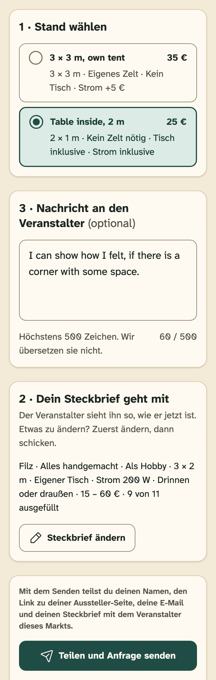 Screenshot von HobbyLux für Aussteller auf einem Handy: Stand anfragen: eine Seite, drei Teile.