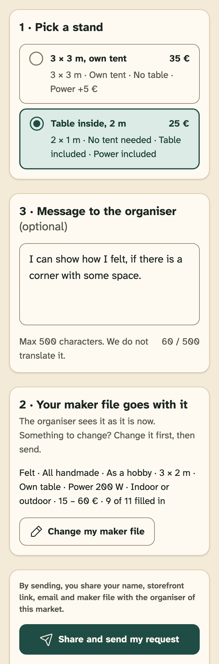 Screenshot of HobbyLux for makers on a phone: Ask for a stand: one page, three parts.