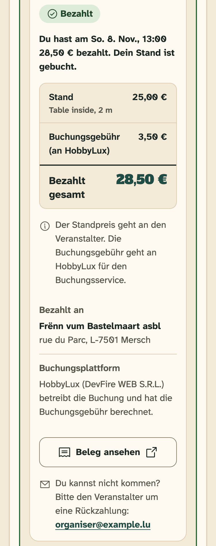 Screenshot von HobbyLux für Aussteller auf einem Handy: Ein bezahlter Stand, mit der E-Mail des Veranstalters für eine Rückzahlung.