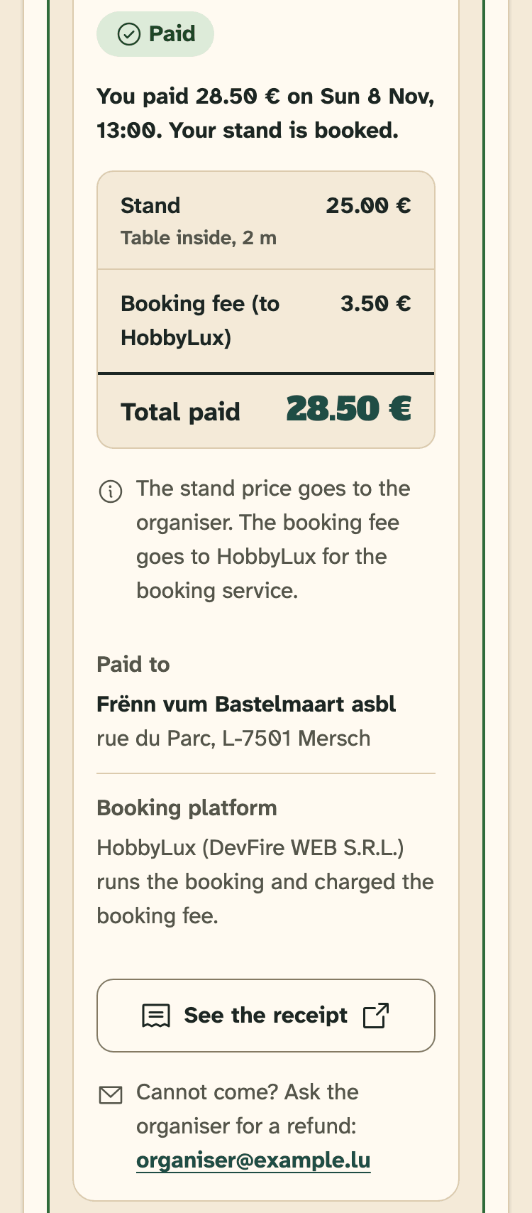Screenshot of HobbyLux for makers on a phone: A paid stand, with the organiser’s email for a refund.