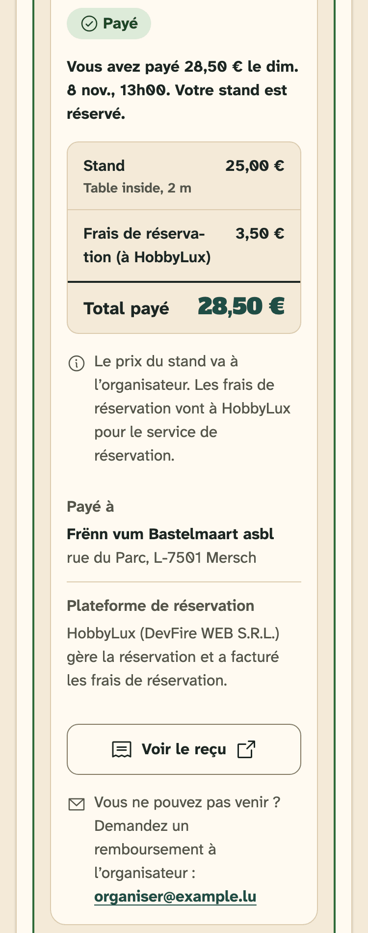 Capture d’écran de HobbyLux pour les créateurs sur un téléphone : Un stand payé, avec l’e-mail de l’organisateur pour un remboursement.