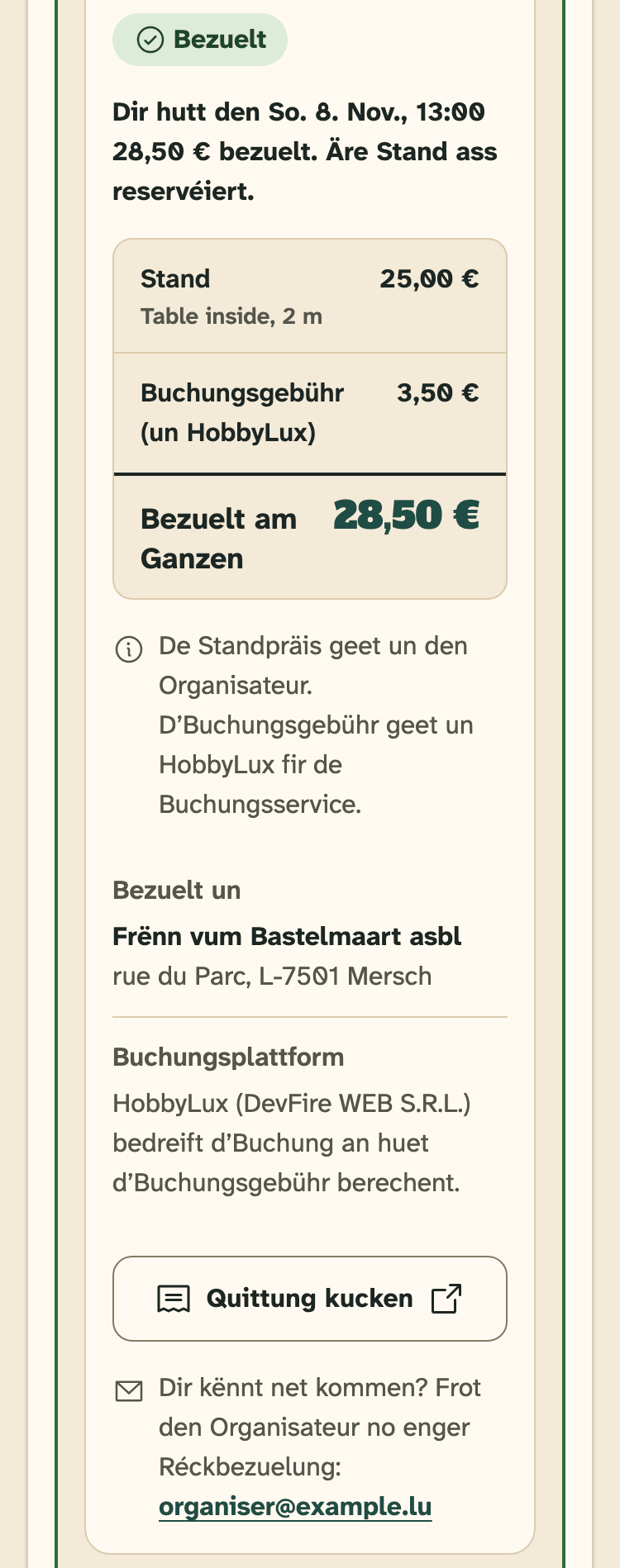 Screenshot vun HobbyLux fir Verkeefer op engem Handy: E bezuelte Stand, mat der E-Mail vum Organisateur fir eng Réckbezuelung.
