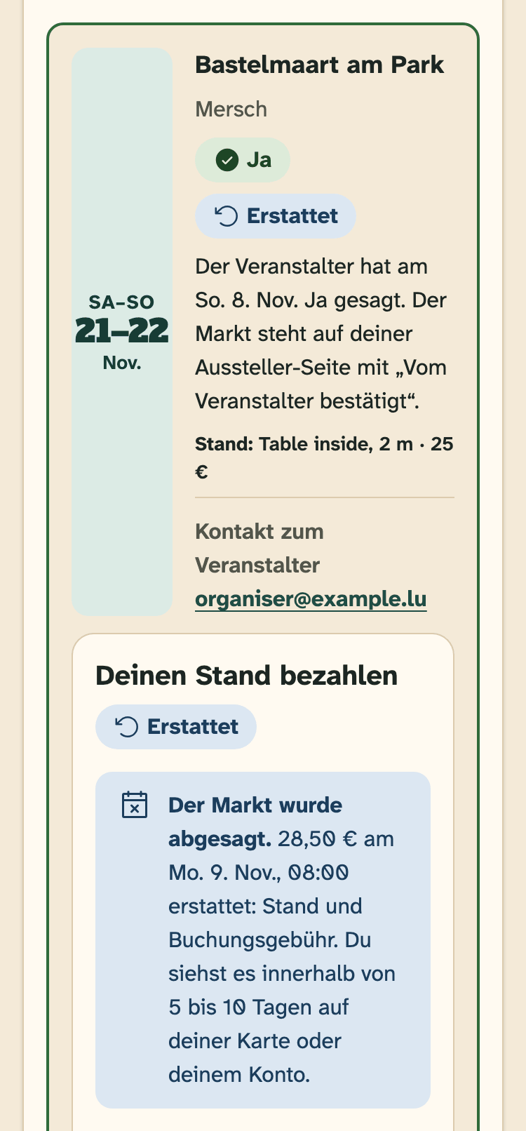 Screenshot von HobbyLux für Aussteller auf einem Handy: Ein erstatteter Stand.