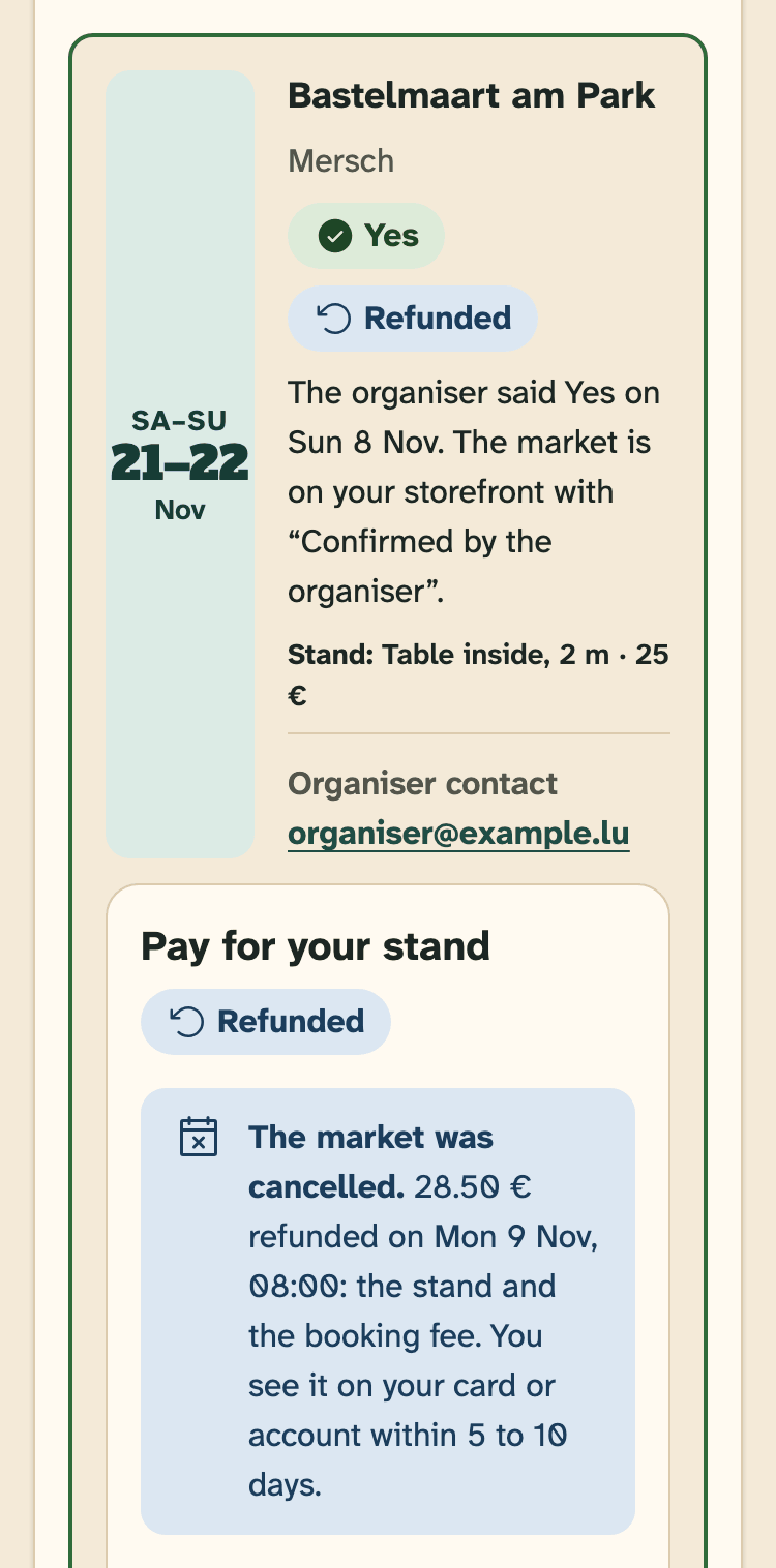 Screenshot of HobbyLux for makers on a phone: A refunded stand.
