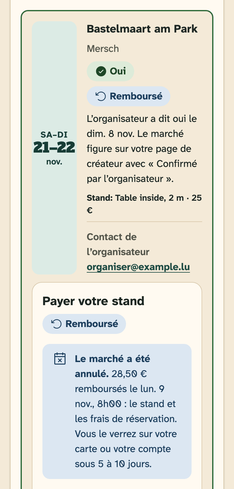Capture d’écran de HobbyLux pour les créateurs sur un téléphone : Un stand remboursé.