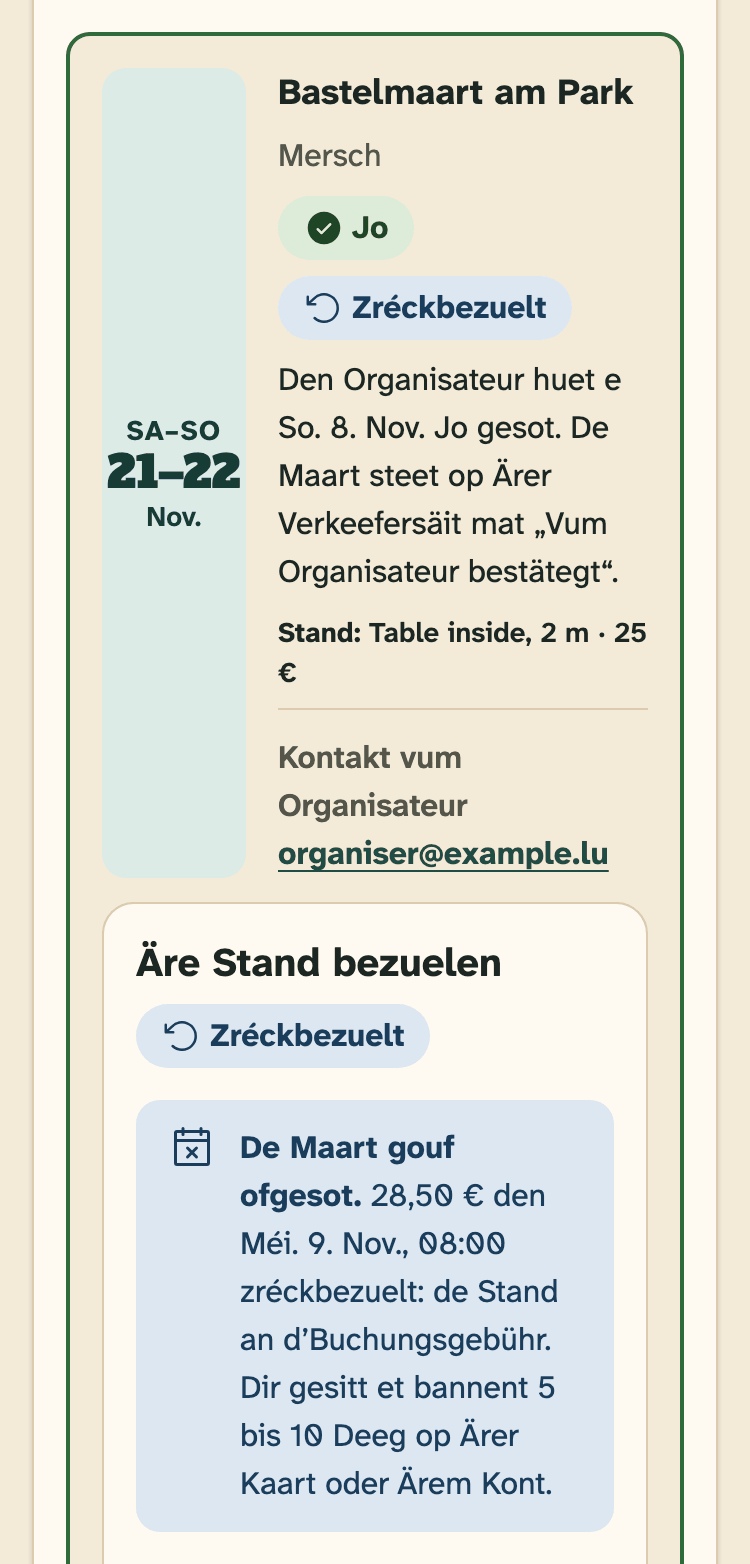 Screenshot vun HobbyLux fir Verkeefer op engem Handy: E Stand, deen zréckbezuelt gouf.