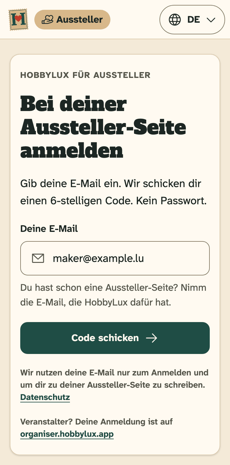 Screenshot von HobbyLux für Aussteller auf einem Handy: Die Anmeldeseite von HobbyLux für Aussteller.