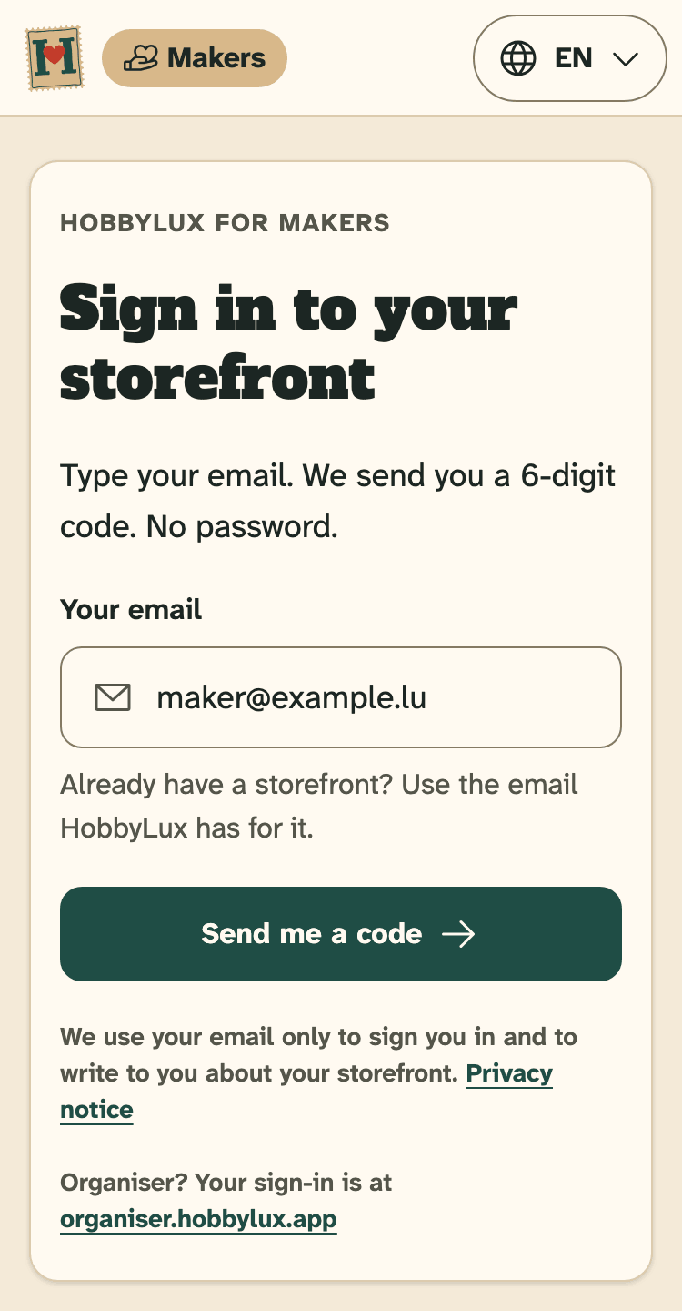 Screenshot of HobbyLux for makers on a phone: The sign-in page of HobbyLux for makers.
