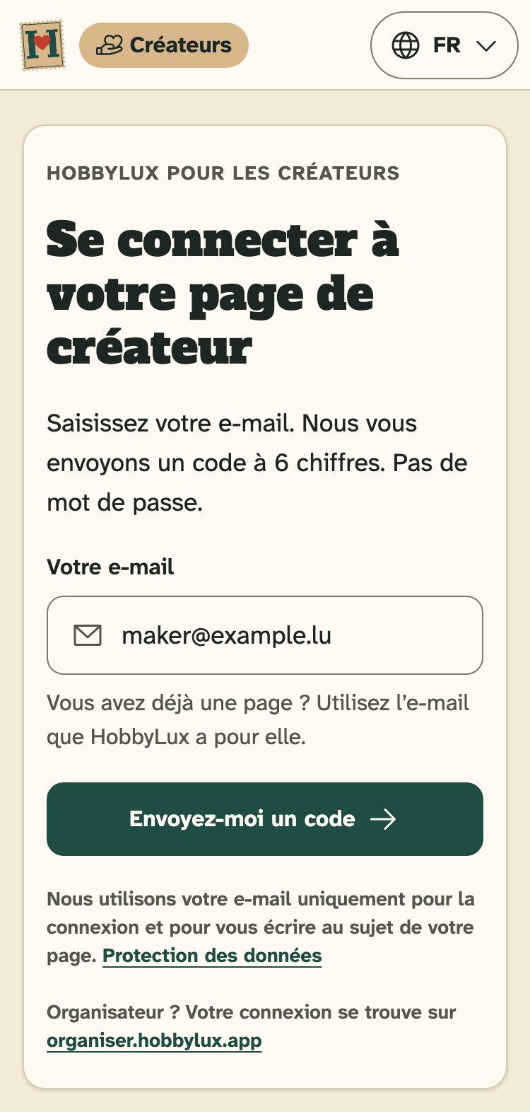 Capture d’écran de HobbyLux pour les créateurs sur un téléphone : La page de connexion de HobbyLux pour les créateurs.