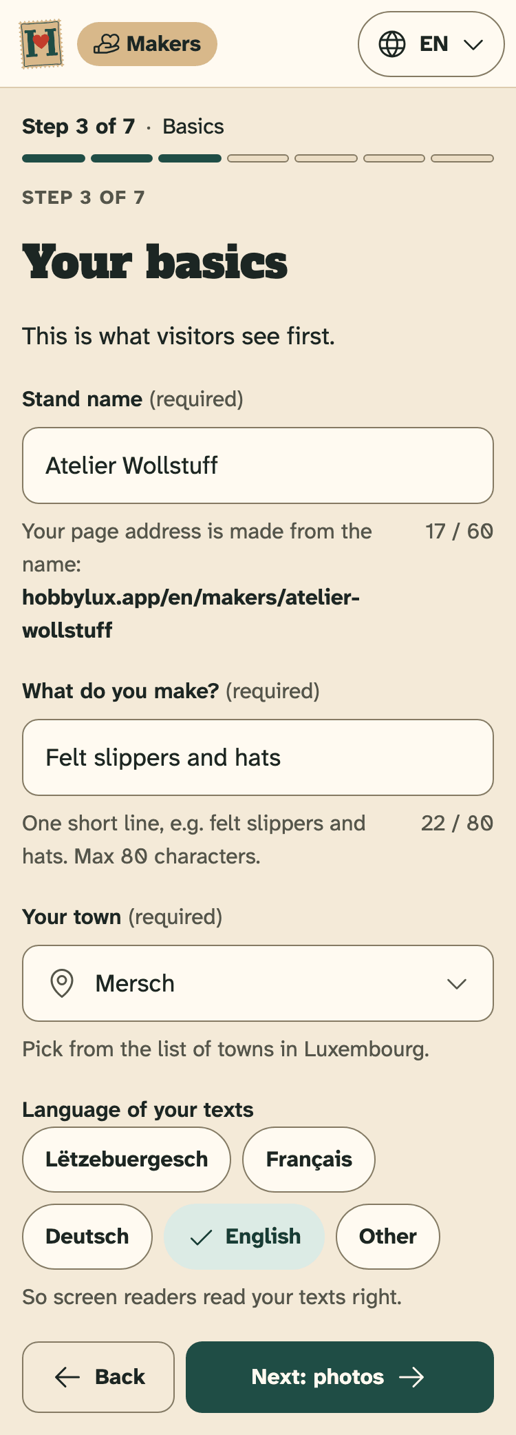 Screenshot of HobbyLux for makers on a phone: Step 3 of 7, your basics.