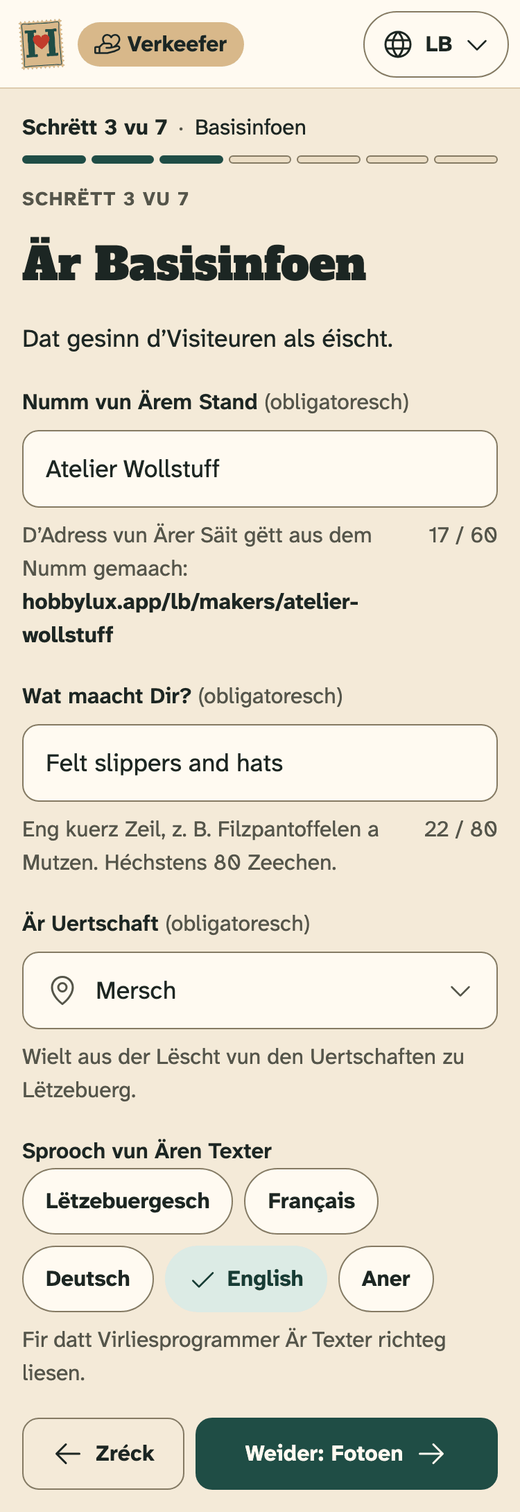 Screenshot vun HobbyLux fir Verkeefer op engem Handy: Schrëtt 3 vu 7, Är Basisinfoen.
