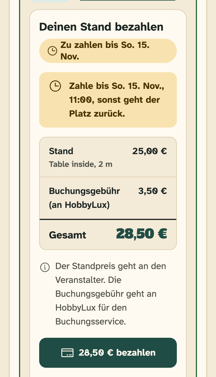 Screenshot von HobbyLux für Aussteller auf einem Handy: Ein Stand zum Bezahlen, in deinen Standanfragen.