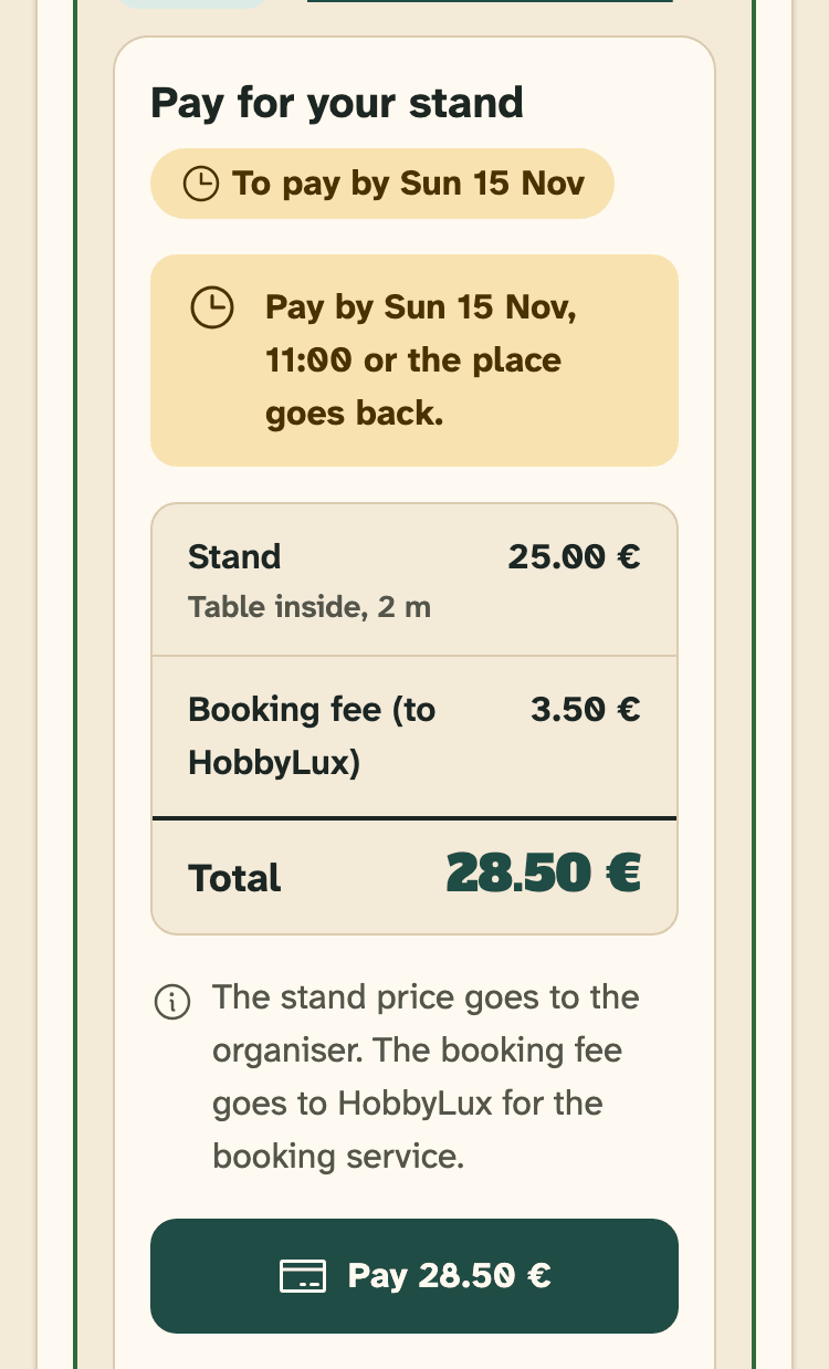 Screenshot of HobbyLux for makers on a phone: A stand to pay, in your stand requests.