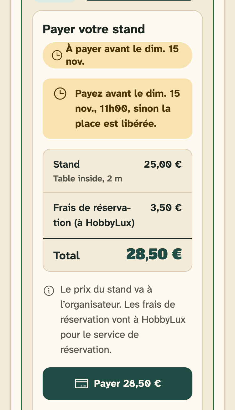 Capture d’écran de HobbyLux pour les créateurs sur un téléphone : Un stand à payer, dans vos demandes de stand.