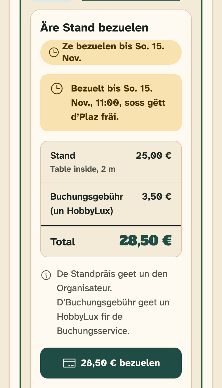 Screenshot vun HobbyLux fir Verkeefer op engem Handy: E Stand fir ze bezuelen, an Äre Stand-Ufroen.