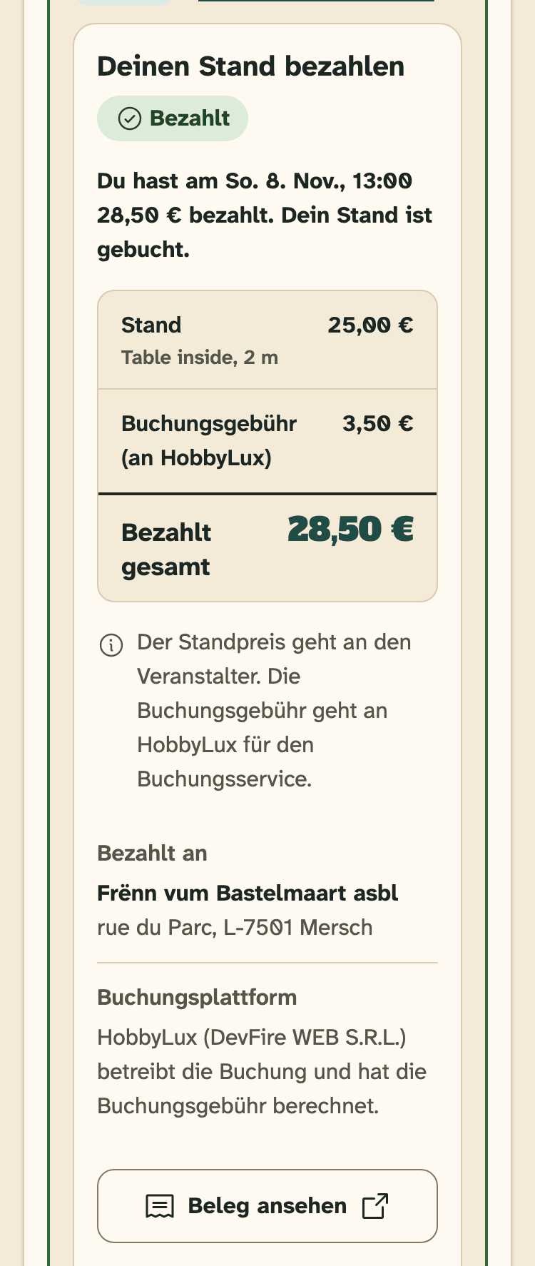 Screenshot von HobbyLux für Aussteller auf einem Handy: Ein bezahlter Stand.