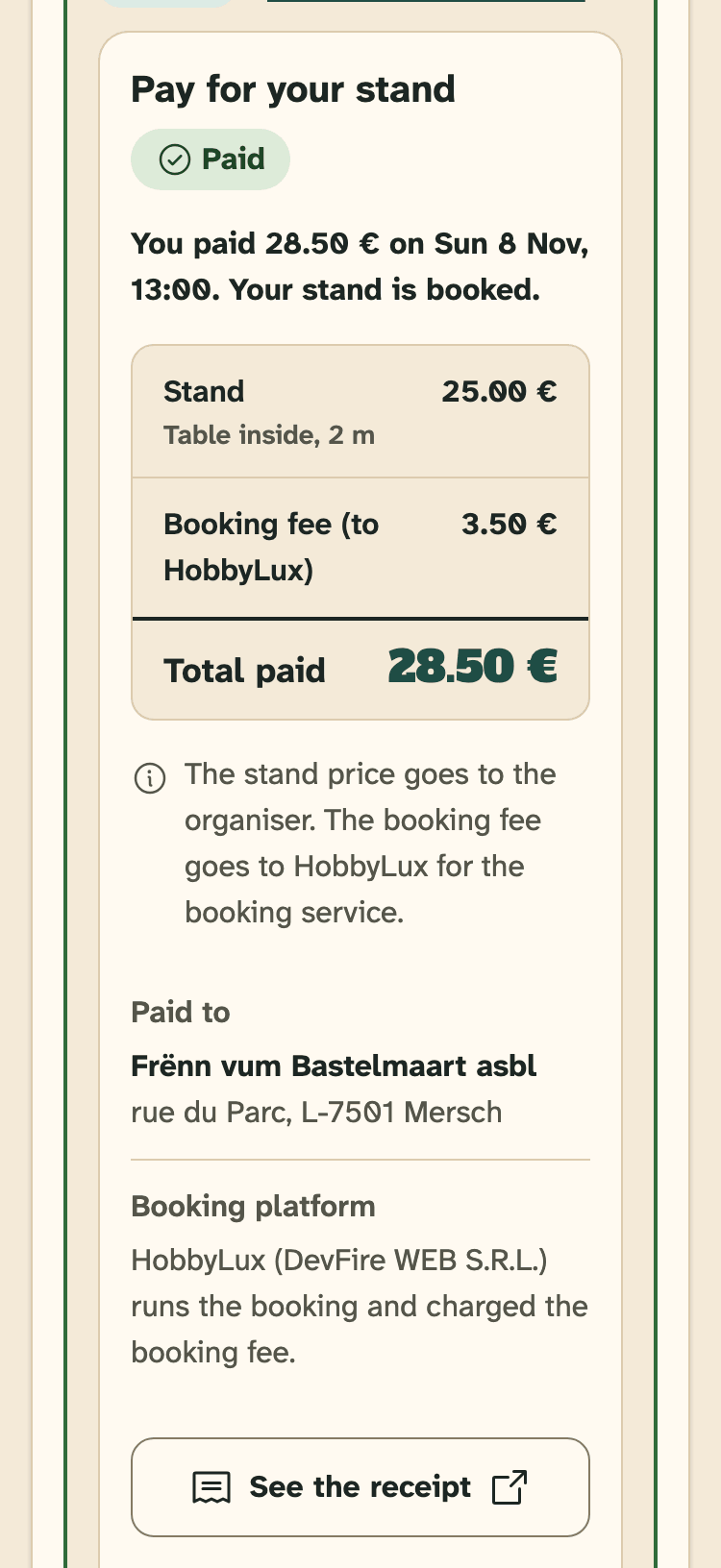 Screenshot of HobbyLux for makers on a phone: A paid stand.
