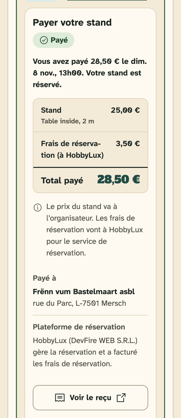 Capture d’écran de HobbyLux pour les créateurs sur un téléphone : Un stand payé.