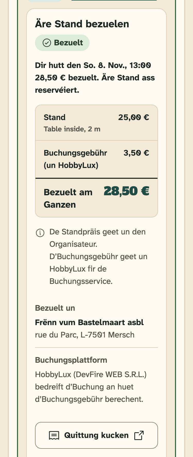Screenshot vun HobbyLux fir Verkeefer op engem Handy: E bezuelte Stand.