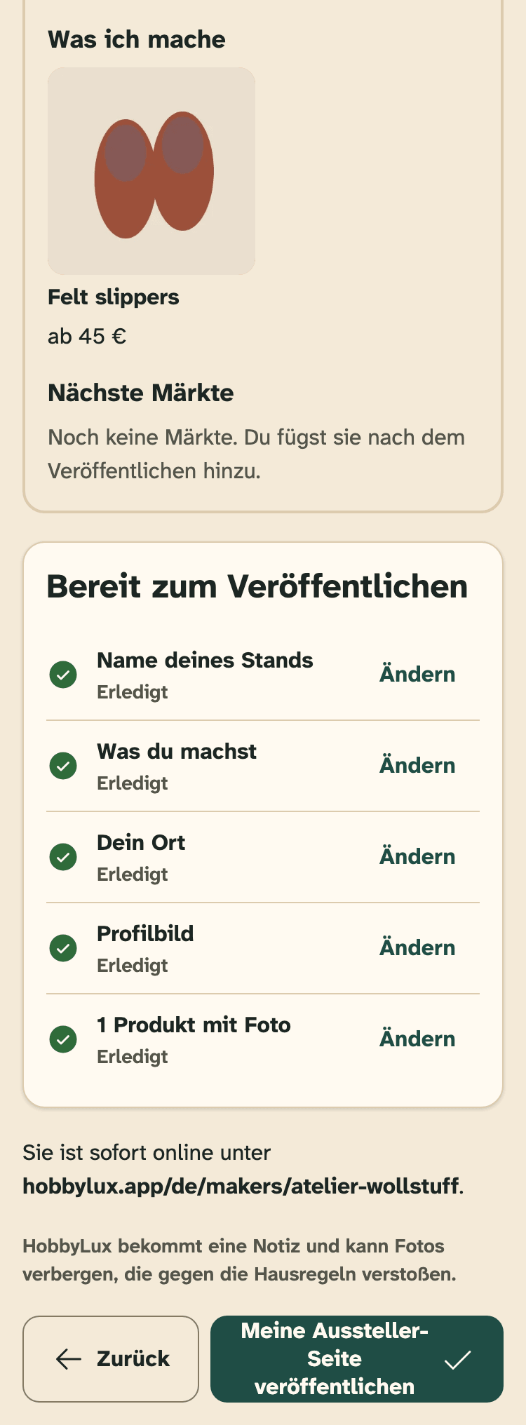 Screenshot von HobbyLux für Aussteller auf einem Handy: Der letzte Schritt der Einrichtung: deine Aussteller-Seite, wie Besucher sie sehen werden.