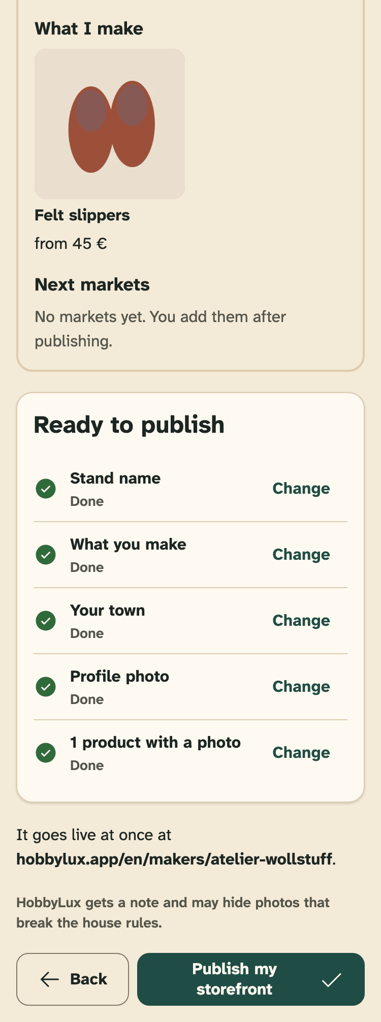Screenshot of HobbyLux for makers on a phone: The last setup step: your storefront as visitors will see it.