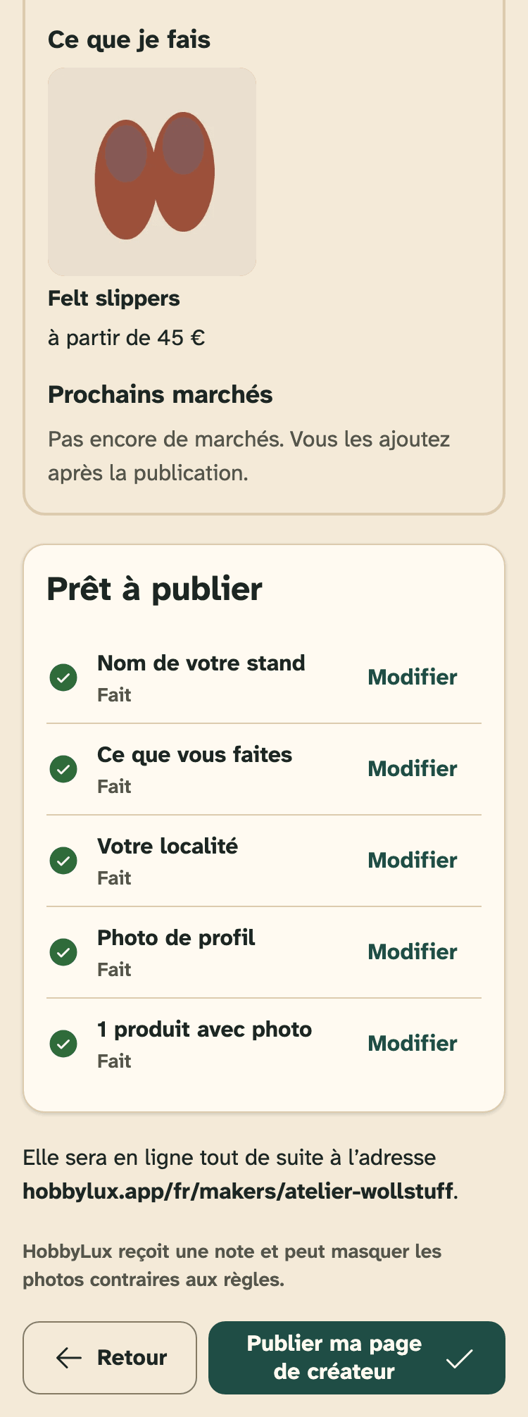 Capture d’écran de HobbyLux pour les créateurs sur un téléphone : La dernière étape de configuration : votre page telle que les visiteurs la verront.