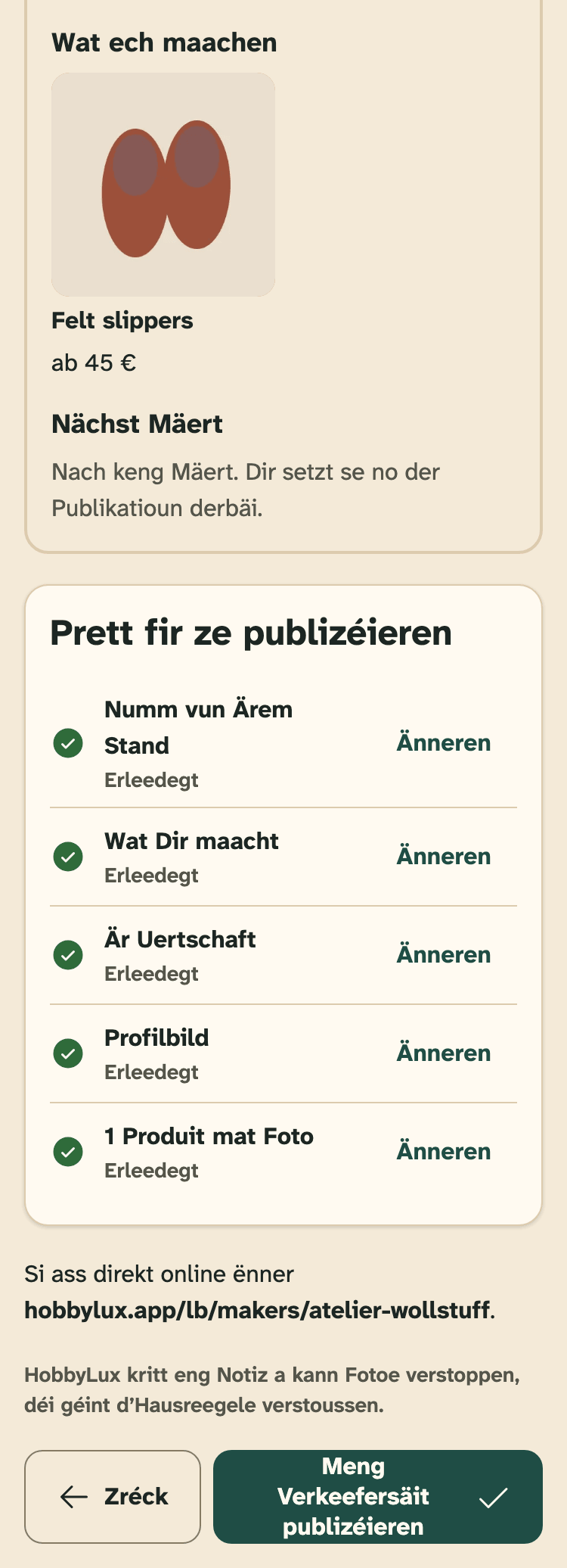 Screenshot vun HobbyLux fir Verkeefer op engem Handy: De leschte Schrëtt vun der Ariichtung: Är Verkeefersäit, esou wéi d’Visiteure se gesinn.