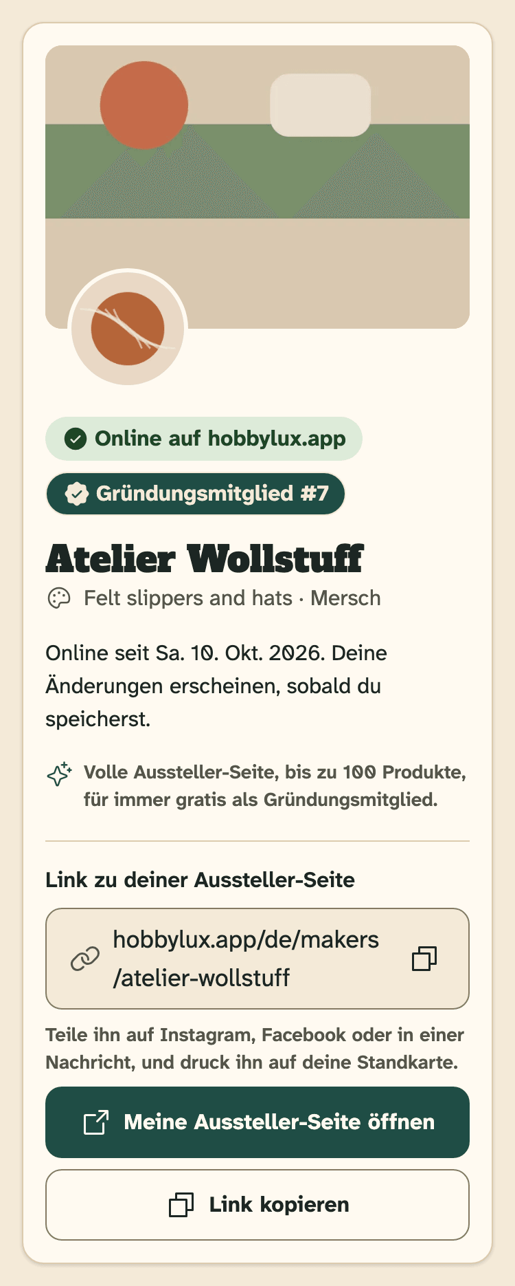 Screenshot von HobbyLux für Aussteller auf einem Handy: Die Übersicht einer Aussteller-Seite, die online ist.