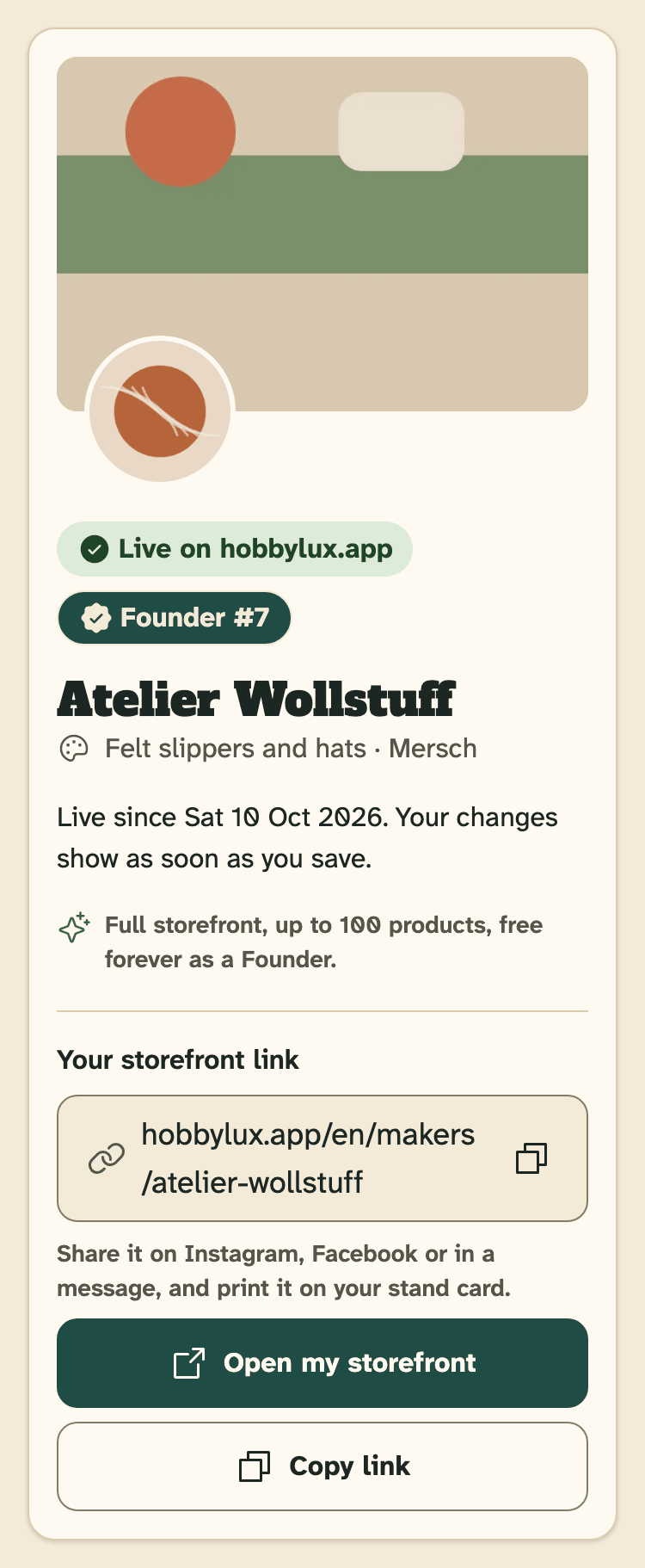 Screenshot of HobbyLux for makers on a phone: The overview of a live storefront.