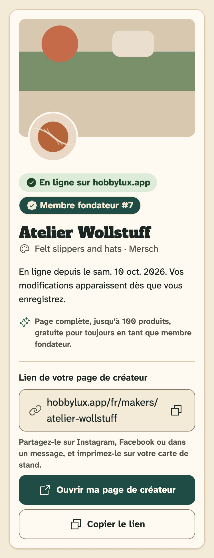 Capture d’écran de HobbyLux pour les créateurs sur un téléphone : La vue d’ensemble d’une page en ligne.