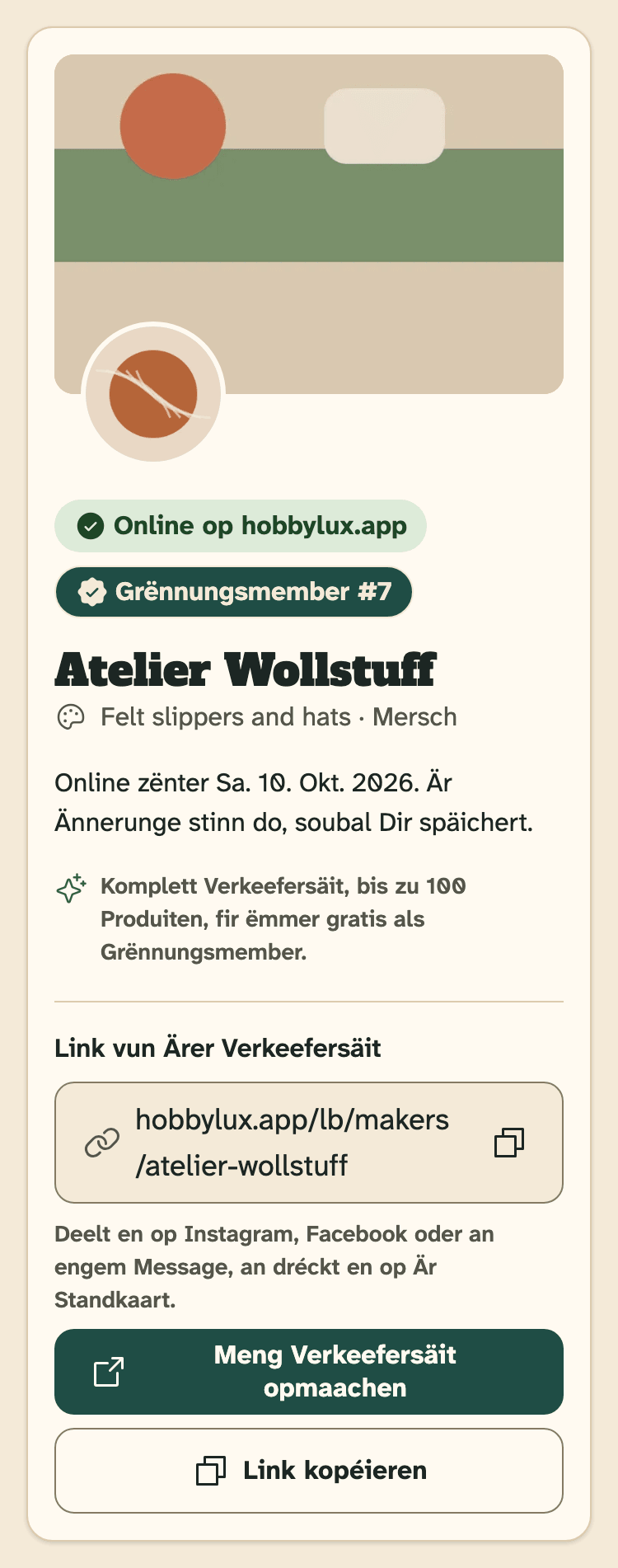 Screenshot vun HobbyLux fir Verkeefer op engem Handy: D’Iwwersiicht vun enger Verkeefersäit, déi online ass.