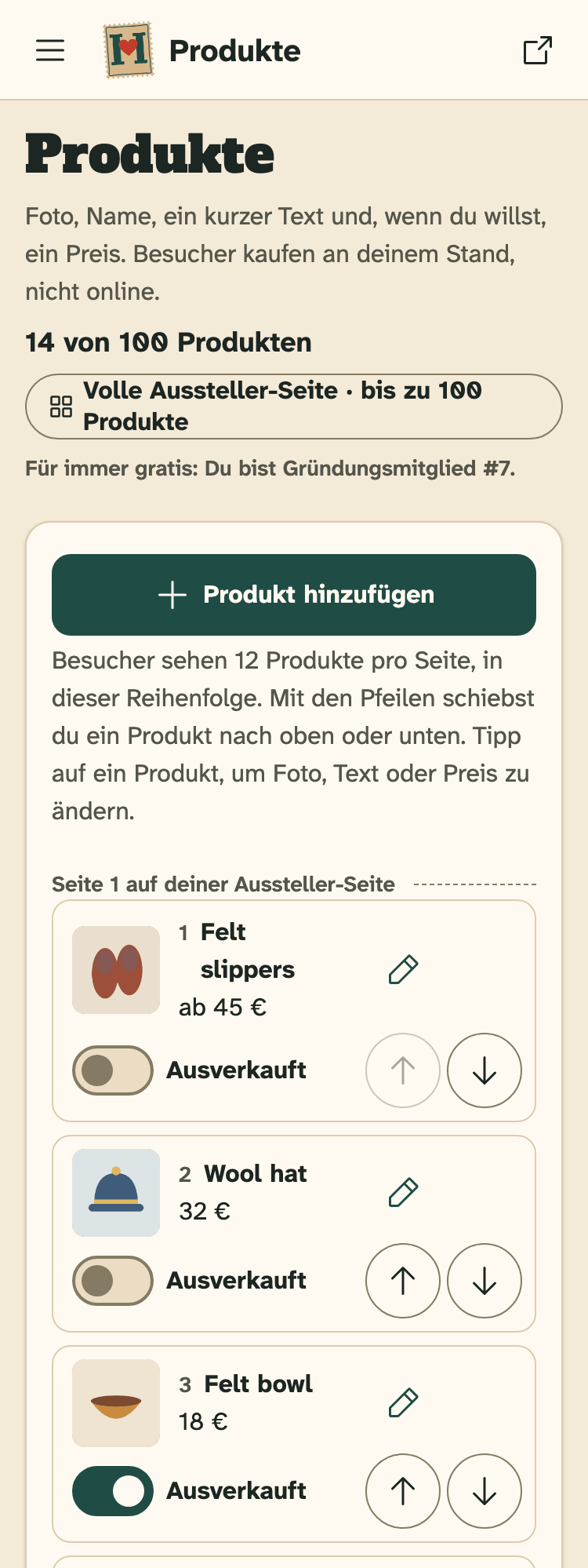 Screenshot von HobbyLux für Aussteller auf einem Handy: Produkte: deine Liste, in der Reihenfolge, in der Besucher sie sehen.