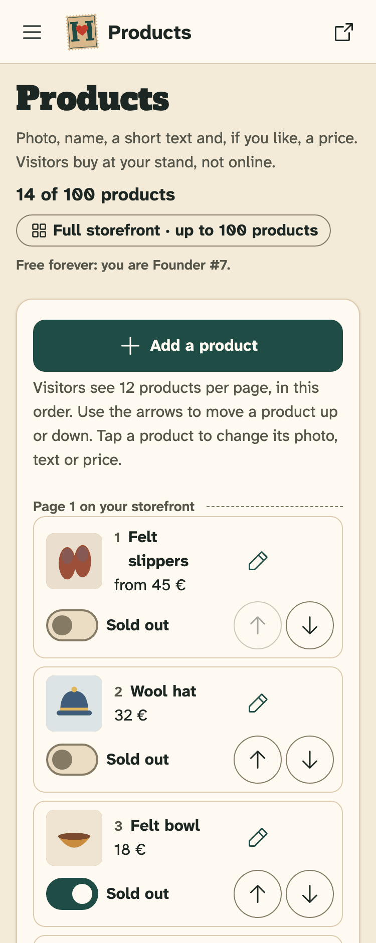 Screenshot of HobbyLux for makers on a phone: Products: your list, in the order visitors see it.