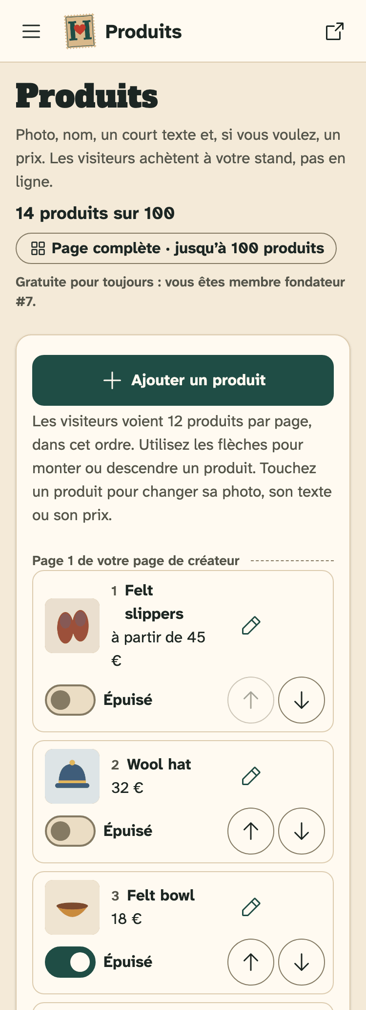 Capture d’écran de HobbyLux pour les créateurs sur un téléphone : Produits : votre liste, dans l’ordre où les visiteurs la voient.