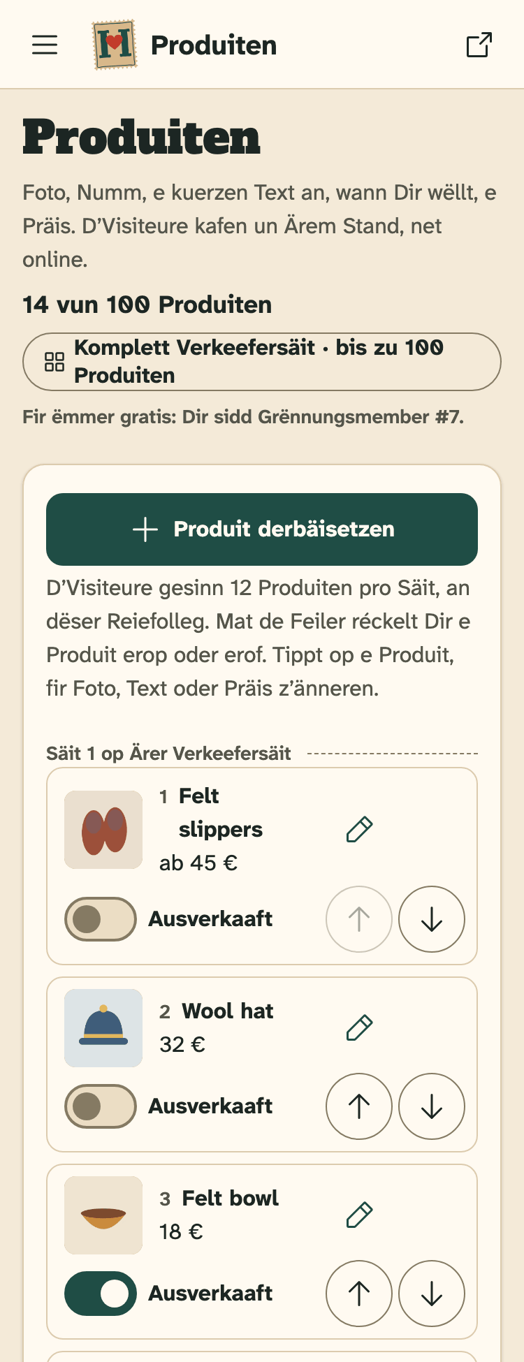 Screenshot vun HobbyLux fir Verkeefer op engem Handy: Produiten: Är Lëscht, an der Reiefolleg, wéi d’Visiteure se gesinn.