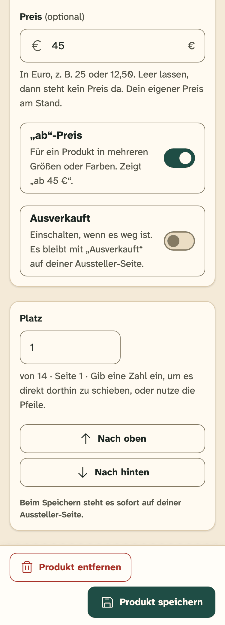 Screenshot von HobbyLux für Aussteller auf einem Handy: Ein Produkt: Foto, Name, Text, Preis und Ausverkauft.