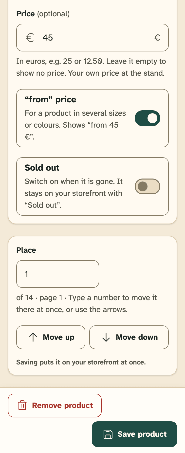 Screenshot of HobbyLux for makers on a phone: One product: photo, name, text, price and Sold out.