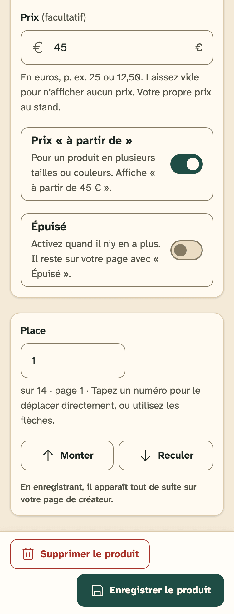 Capture d’écran de HobbyLux pour les créateurs sur un téléphone : Un produit : photo, nom, texte, prix et Épuisé.