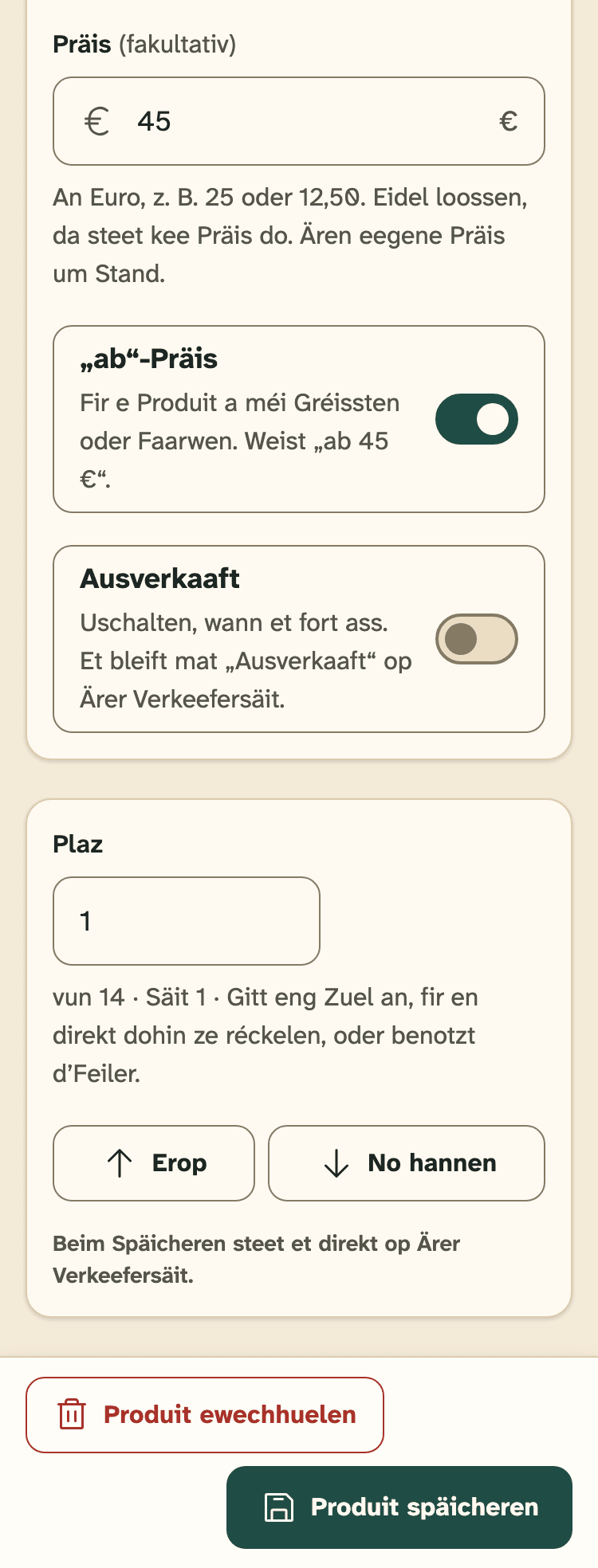 Screenshot vun HobbyLux fir Verkeefer op engem Handy: E Produit: Foto, Numm, Text, Präis an Ausverkaaft.