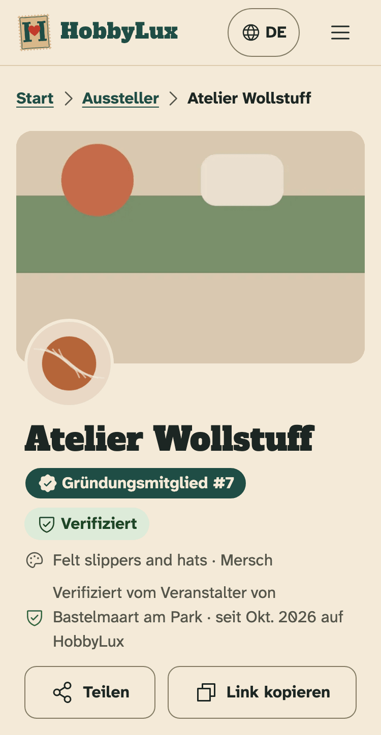 Screenshot von hobbylux.app auf einem Handy: Eine verifizierte Aussteller-Seite auf hobbylux.app.