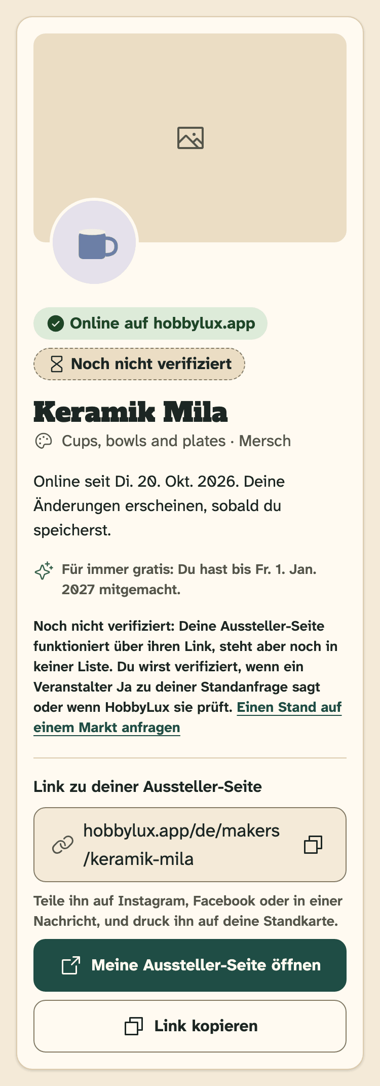 Screenshot von HobbyLux für Aussteller auf einem Handy: Die Übersicht einer Aussteller-Seite, die online, aber noch nicht verifiziert ist.