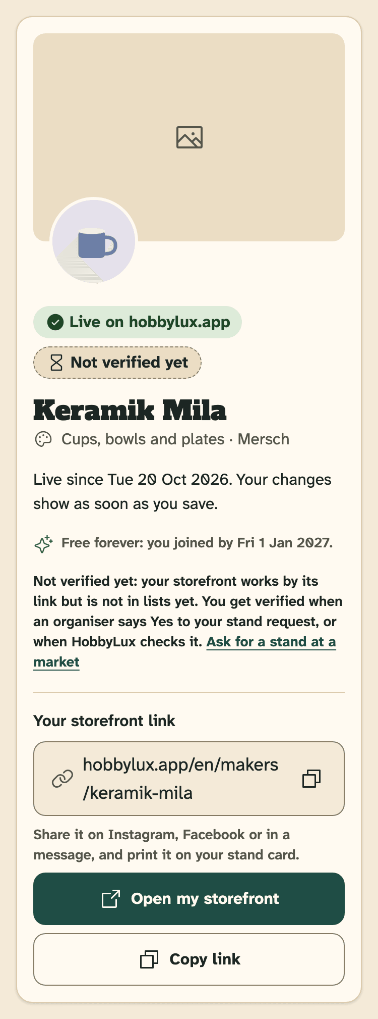 Screenshot of HobbyLux for makers on a phone: The overview of a live storefront that is not verified yet.